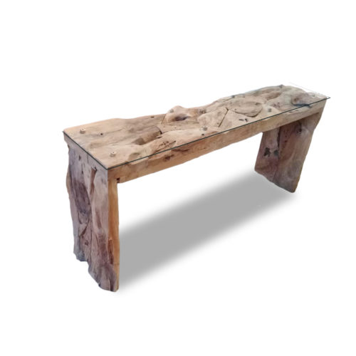 Console teak root block legs with glass  IMP-006